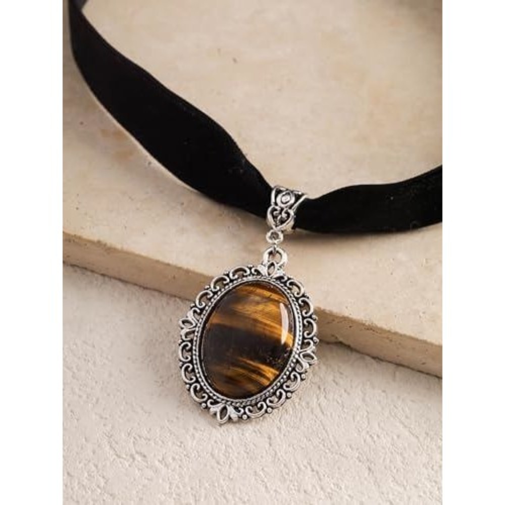Black Velvet‎ Choker Necklace with Oval Tiger's Eye Pendant Silver Filigree Boho